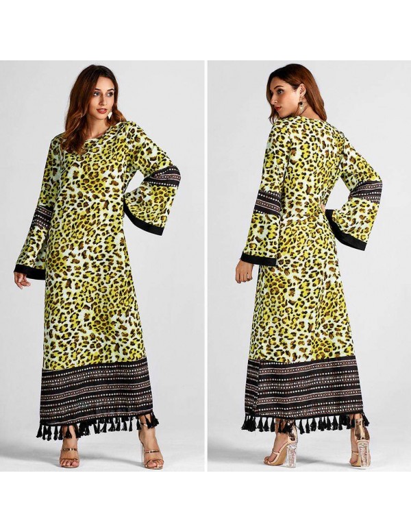 Tassel Maxi Dress Fashion Leopard Print Long Sleeve Islamic Clothing