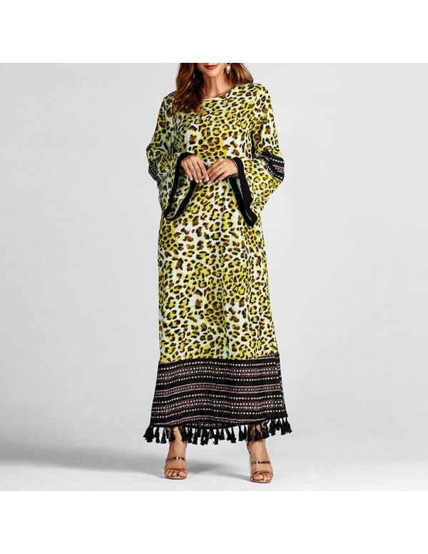 Tassel Maxi Dress Fashion Leopard Print Long Sleeve Islamic Clothing