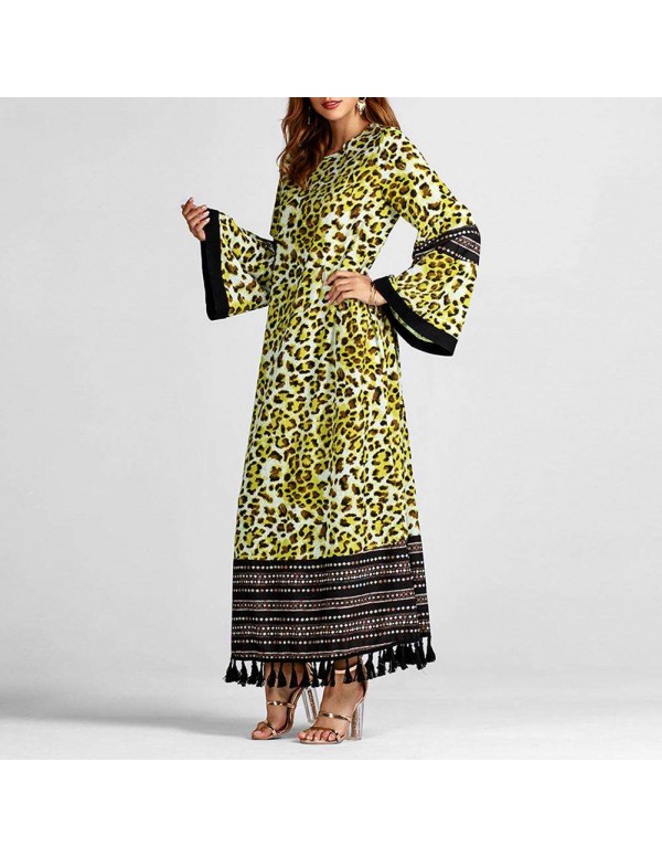 Tassel Maxi Dress Fashion Leopard Print Long Sleeve Islamic Clothing