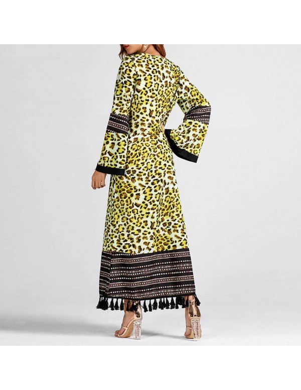 Tassel Maxi Dress Fashion Leopard Print Long Sleeve Islamic Clothing