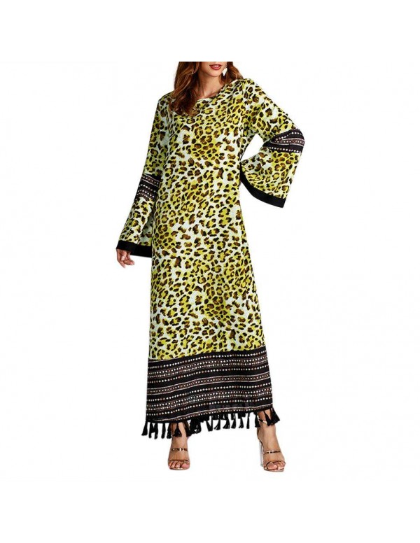 Tassel Maxi Dress Fashion Leopard Print Long Sleeve Islamic Clothing