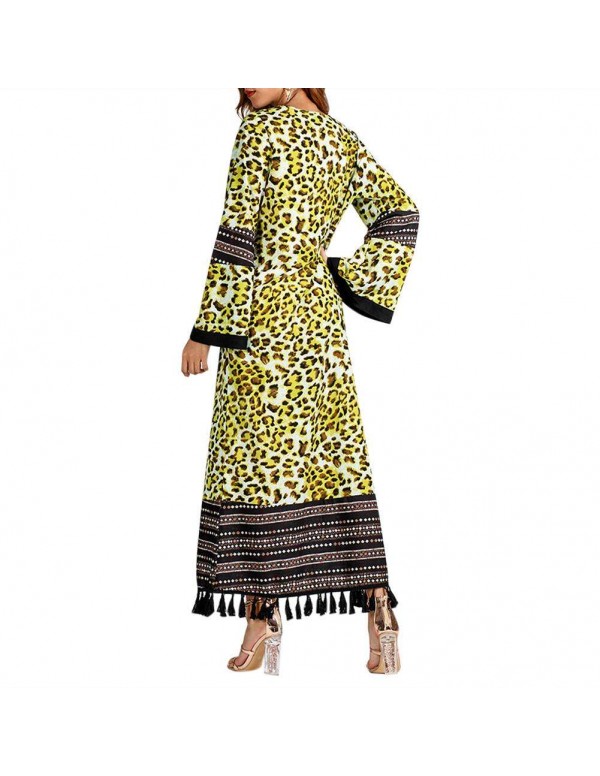 Tassel Maxi Dress Fashion Leopard Print Long Sleeve Islamic Clothing