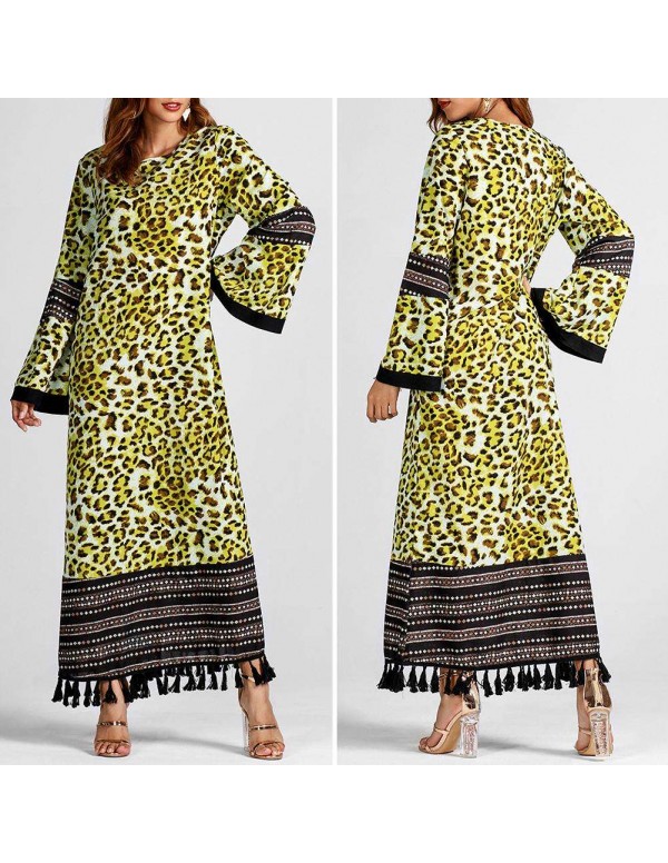 Tassel Maxi Dress Fashion Leopard Print Long Sleeve Islamic Clothing