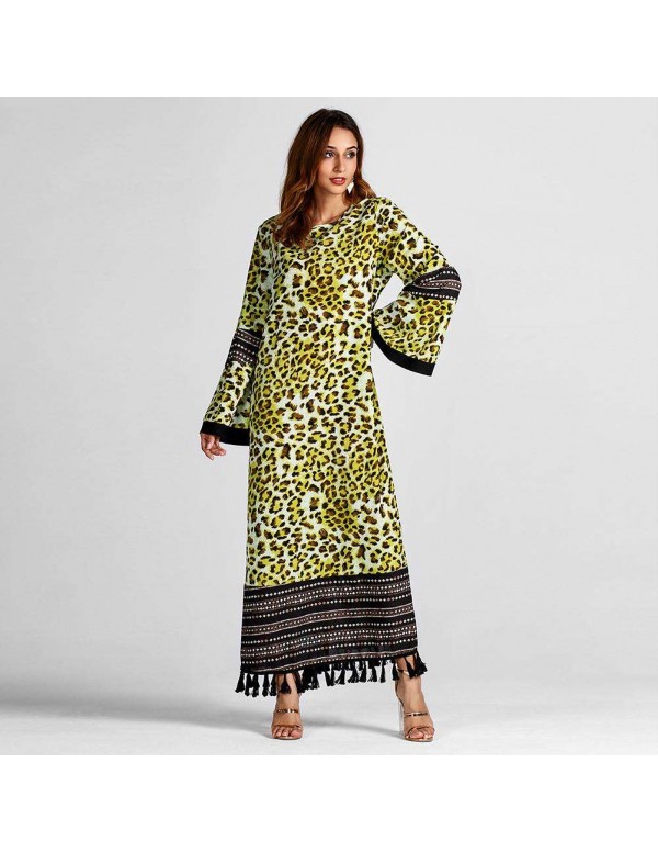 Tassel Maxi Dress Fashion Leopard Print Long Sleeve Islamic Clothing