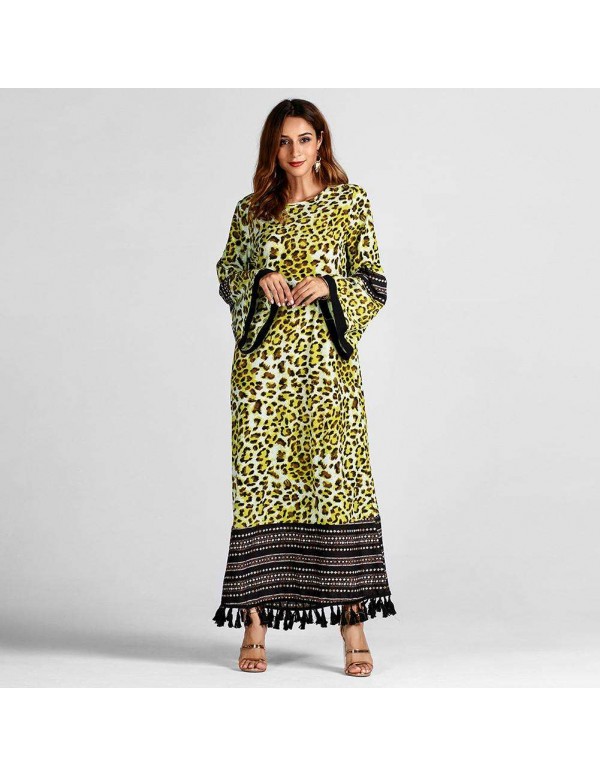 Tassel Maxi Dress Fashion Leopard Print Long Sleeve Islamic Clothing