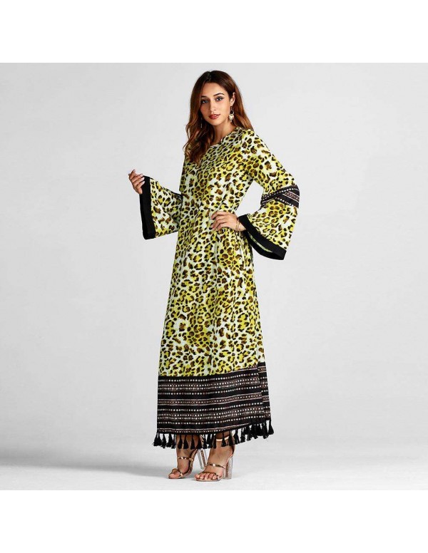 Tassel Maxi Dress Fashion Leopard Print Long Sleeve Islamic Clothing