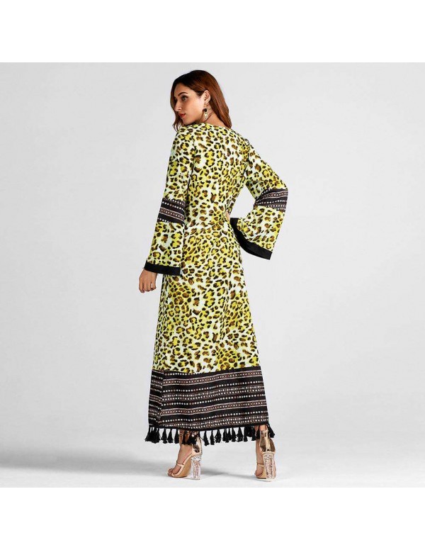 Tassel Maxi Dress Fashion Leopard Print Long Sleeve Islamic Clothing