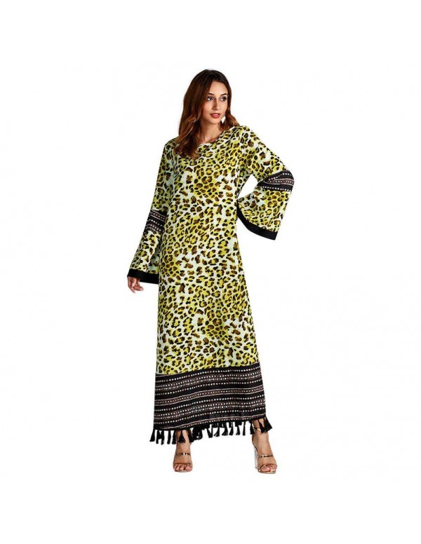 Tassel Maxi Dress Fashion Leopard Print Long Sleeve Islamic Clothing