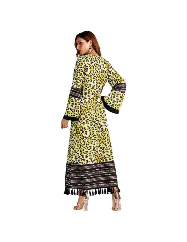 Tassel Maxi Dress Fashion Leopard Print Long Sleeve Islamic Clothing