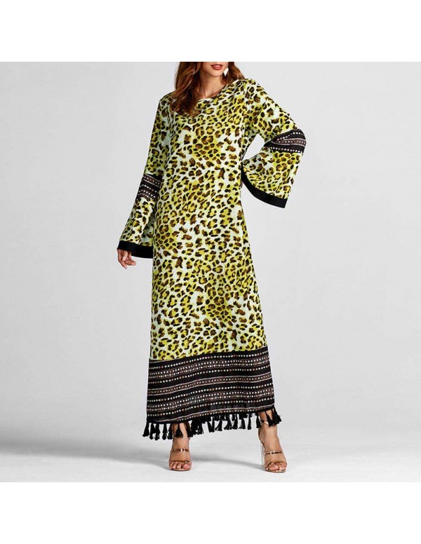 Tassel Maxi Dress Fashion Leopard Print Long Sleeve Islamic Clothing