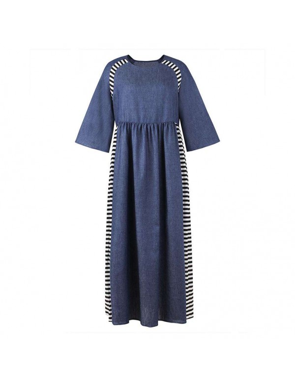 Casual Stripe Denim Muslim Dresses Long Sleeve Hig...