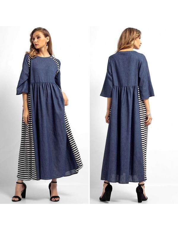 Casual Stripe Denim Muslim Dresses Long Sleeve High Waist Clothing