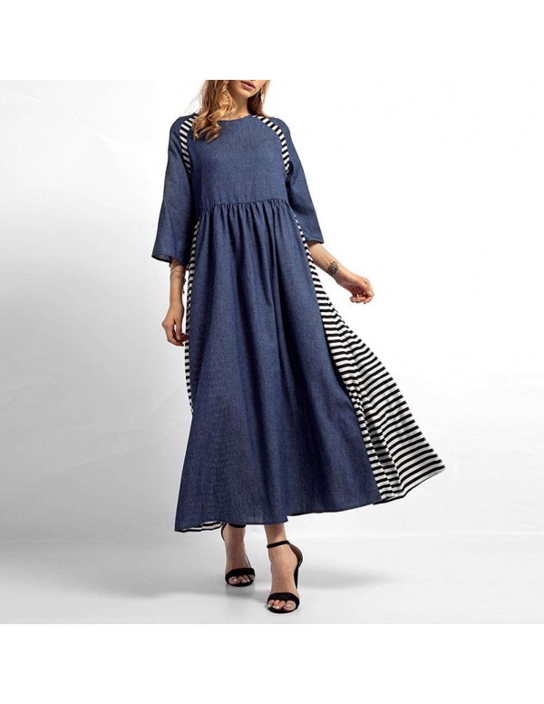 Casual Stripe Denim Muslim Dresses Long Sleeve High Waist Clothing