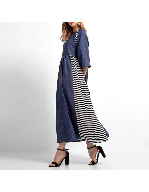 Casual Stripe Denim Muslim Dresses Long Sleeve High Waist Clothing