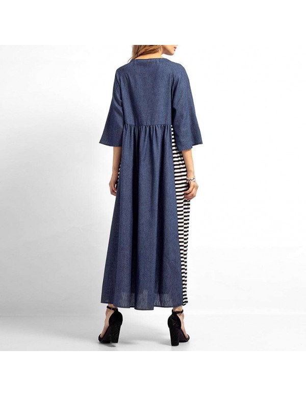 Casual Stripe Denim Muslim Dresses Long Sleeve High Waist Clothing