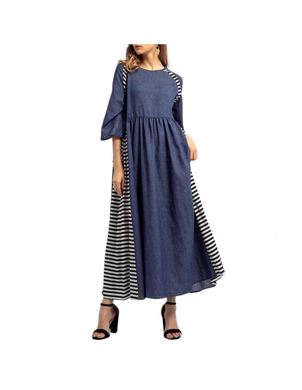 Casual Stripe Denim Muslim Dresses Long Sleeve High Waist Clothing