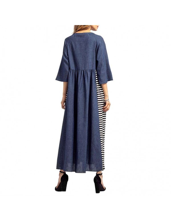 Casual Stripe Denim Muslim Dresses Long Sleeve High Waist Clothing