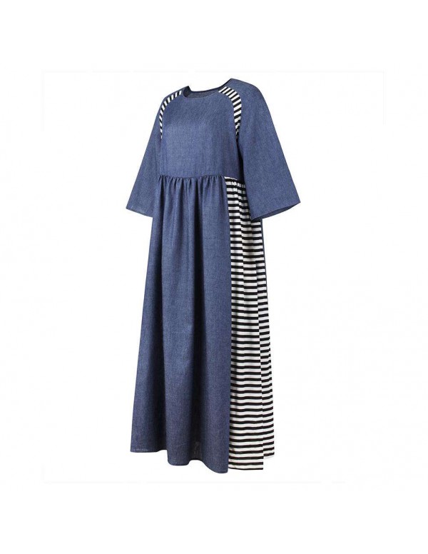 Casual Stripe Denim Muslim Dresses Long Sleeve High Waist Clothing