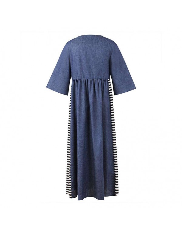 Casual Stripe Denim Muslim Dresses Long Sleeve High Waist Clothing