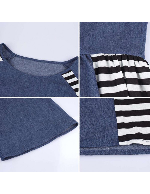 Casual Stripe Denim Muslim Dresses Long Sleeve High Waist Clothing