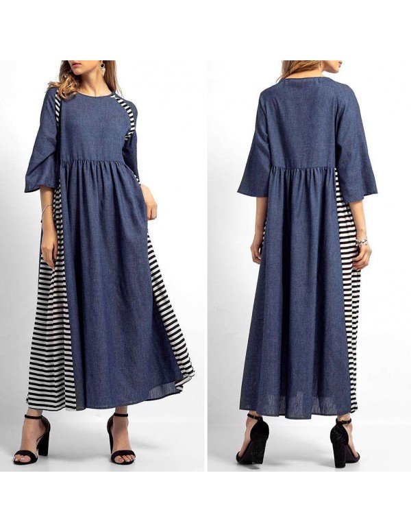 Casual Stripe Denim Muslim Dresses Long Sleeve High Waist Clothing