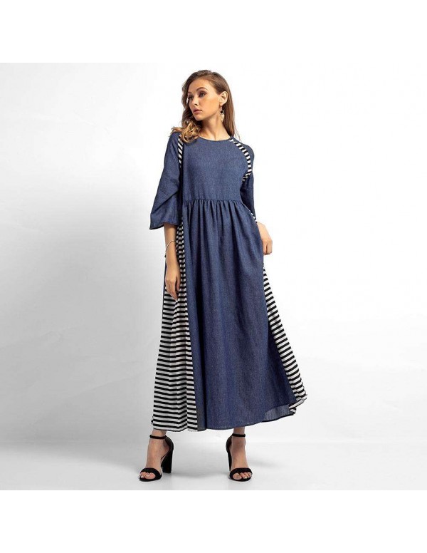 Casual Stripe Denim Muslim Dresses Long Sleeve High Waist Clothing