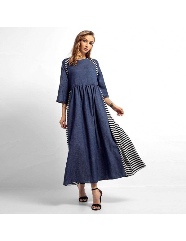 Casual Stripe Denim Muslim Dresses Long Sleeve High Waist Clothing