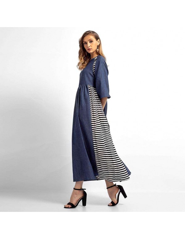 Casual Stripe Denim Muslim Dresses Long Sleeve High Waist Clothing