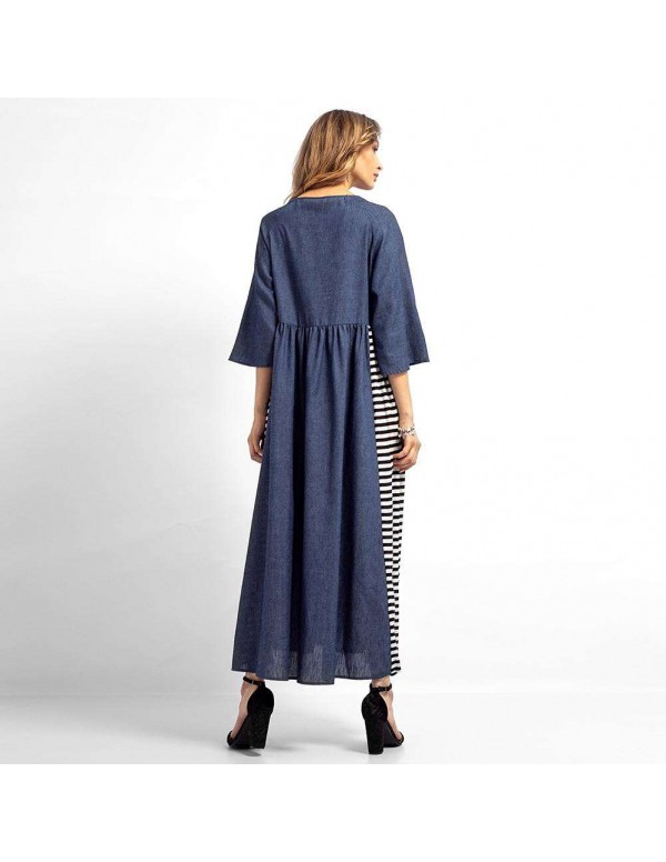 Casual Stripe Denim Muslim Dresses Long Sleeve High Waist Clothing