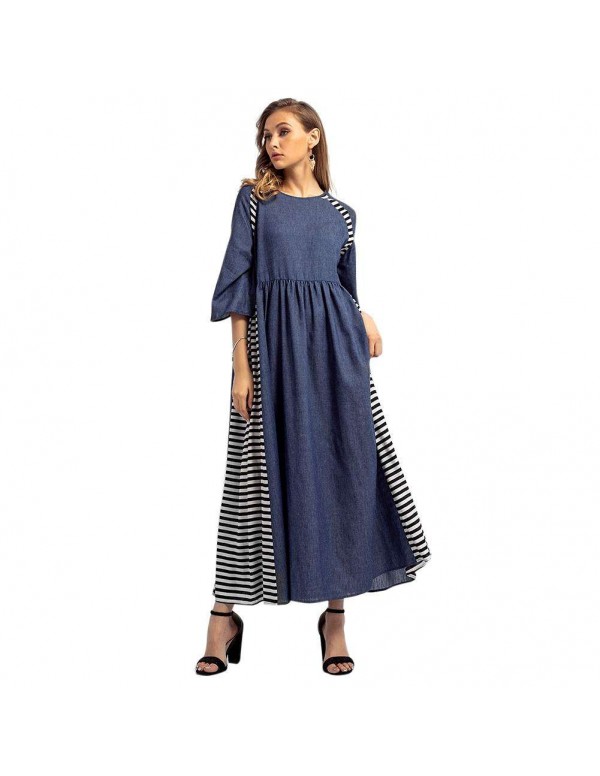 Casual Stripe Denim Muslim Dresses Long Sleeve High Waist Clothing