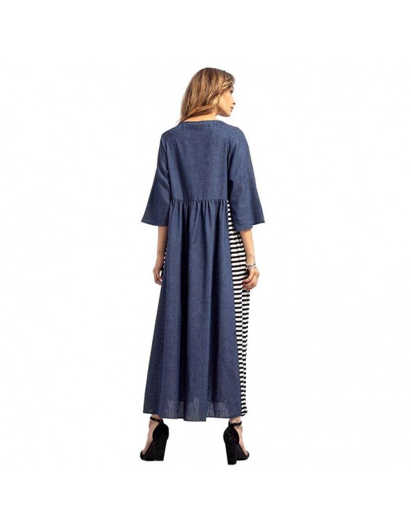 Casual Stripe Denim Muslim Dresses Long Sleeve High Waist Clothing