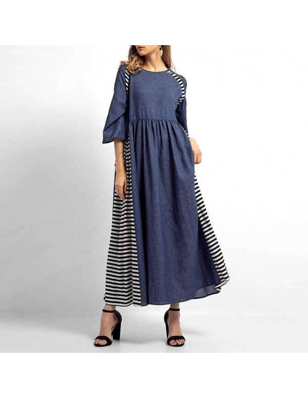 Casual Stripe Denim Muslim Dresses Long Sleeve High Waist Clothing