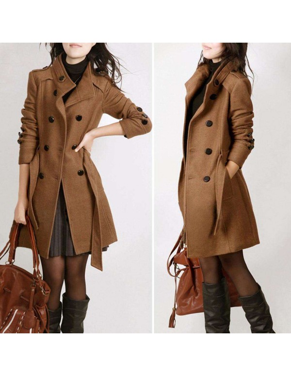 Long Sleeve Woolen Coats Pockets Slim Fit Parkas Plus Size