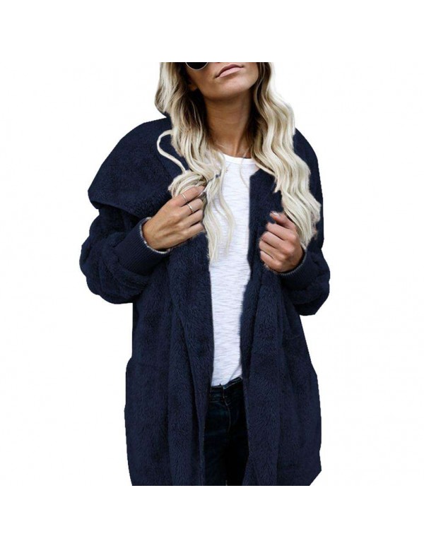 Fleece Jackets Open Front Hooded Cardigan Loose Pockets Coat