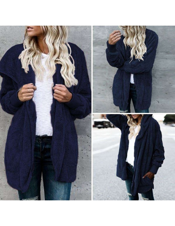 Fleece Jackets Open Front Hooded Cardigan Loose Pockets Coat