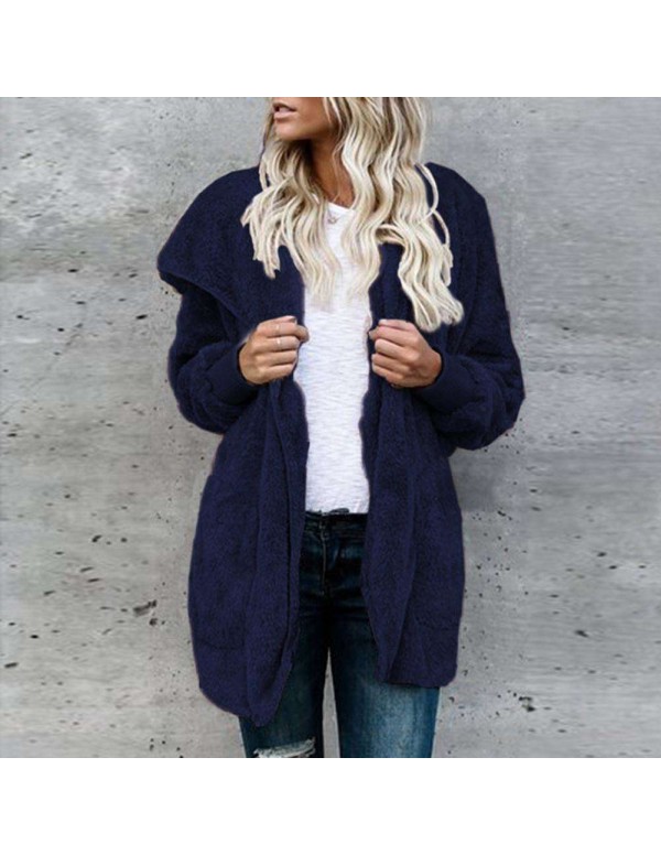 Fleece Jackets Open Front Hooded Cardigan Loose Pockets Coat