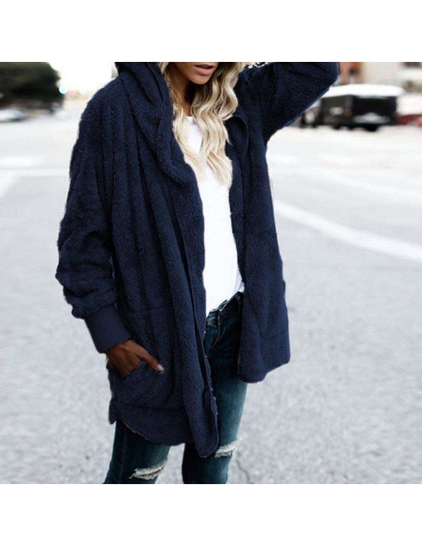 Fleece Jackets Open Front Hooded Cardigan Loose Pockets Coat