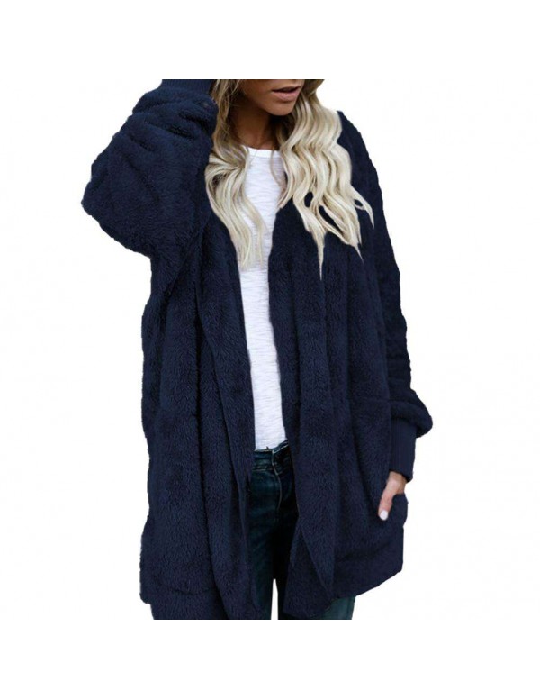 Fleece Jackets Open Front Hooded Cardigan Loose Pockets Coat