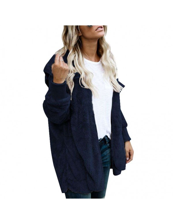 Fleece Jackets Open Front Hooded Cardigan Loose Pockets Coat