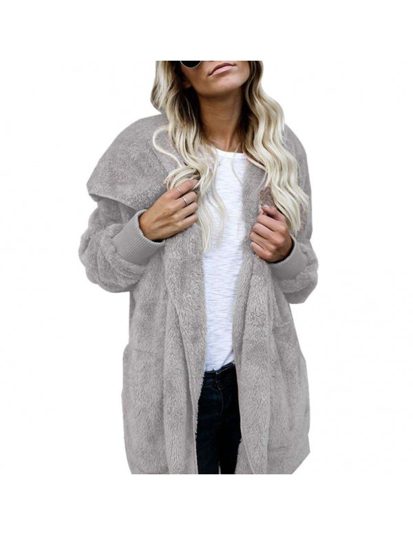 Warm Casual Fluffy Hooded Cardigan Solid Color Fashion Coat