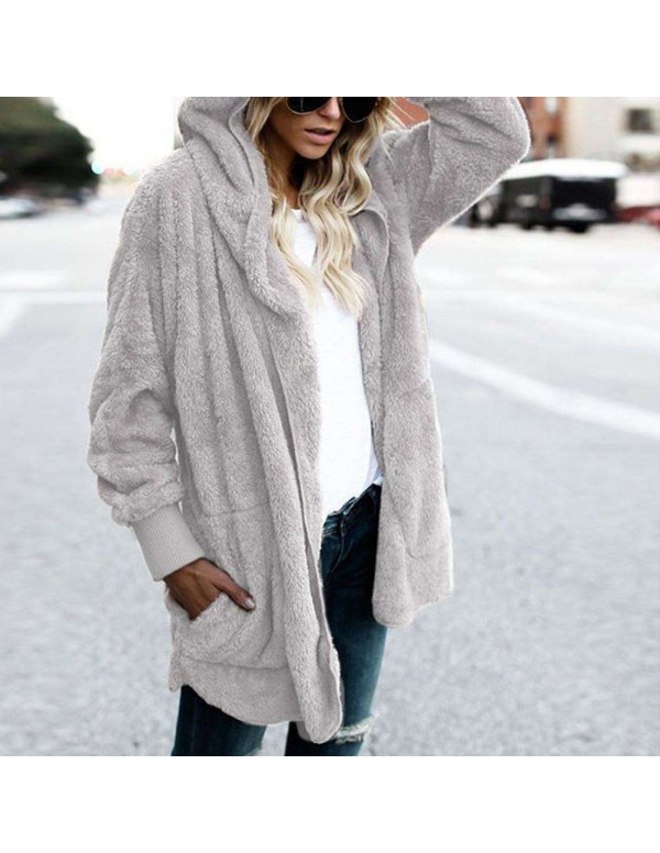 Warm Casual Fluffy Hooded Cardigan Solid Color Fashion Coat