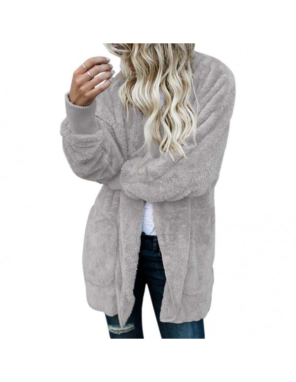 Warm Casual Fluffy Hooded Cardigan Solid Color Fashion Coat