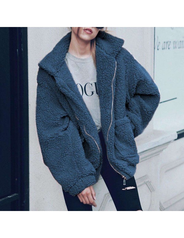 Warm Street Turn Down Collar Coat Fashion Pockets Zipper Jackets