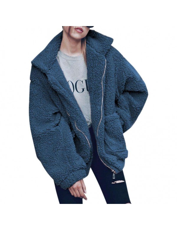 Warm Street Turn Down Collar Coat Fashion Pockets Zipper Jackets