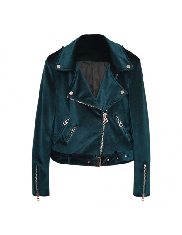 Velvet Autumn Jackets Turn Down Collar Slanted Zip...