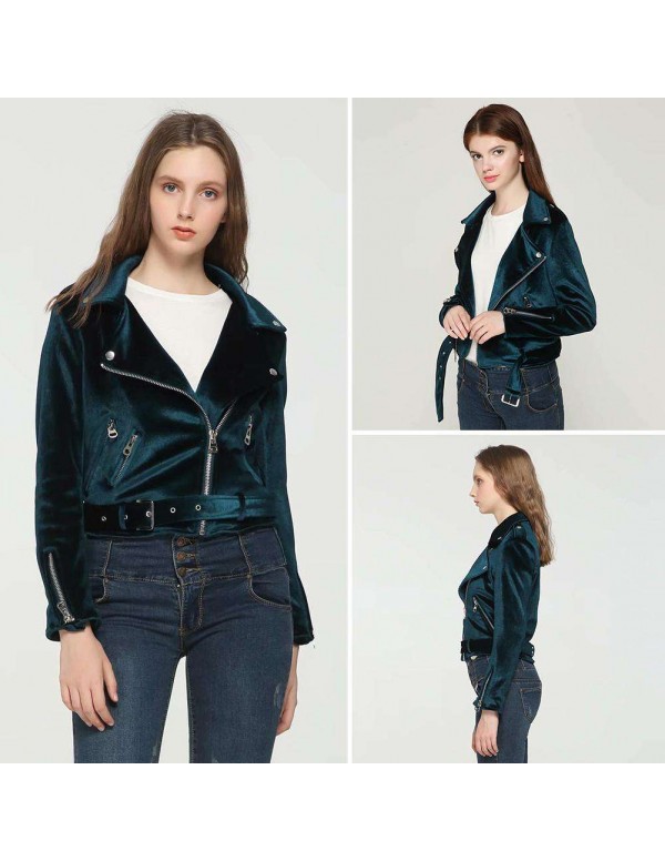 Velvet Autumn Jackets Turn Down Collar Slanted Zipper Slim Fit Coat