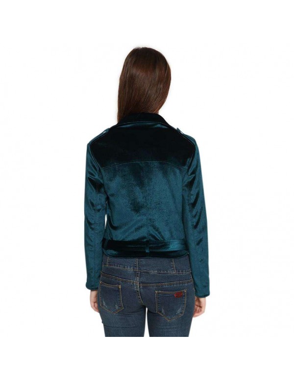 Velvet Autumn Jackets Turn Down Collar Slanted Zipper Slim Fit Coat