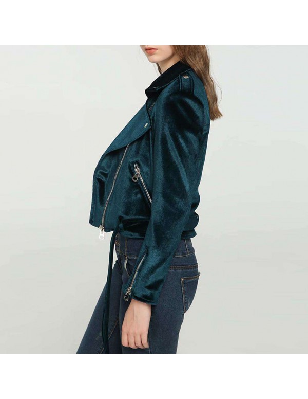 Velvet Autumn Jackets Turn Down Collar Slanted Zipper Slim Fit Coat