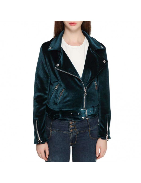 Velvet Autumn Jackets Turn Down Collar Slanted Zipper Slim Fit Coat