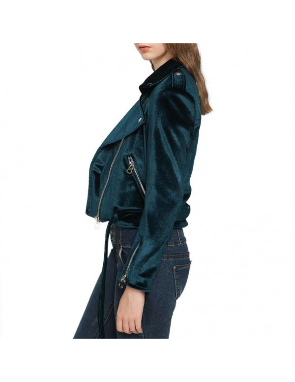 Velvet Autumn Jackets Turn Down Collar Slanted Zipper Slim Fit Coat